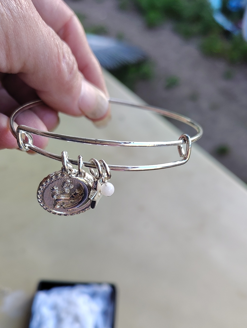 Silver-tone Charm Adjustable Bangle Bracelet with Coin and Bead Accents